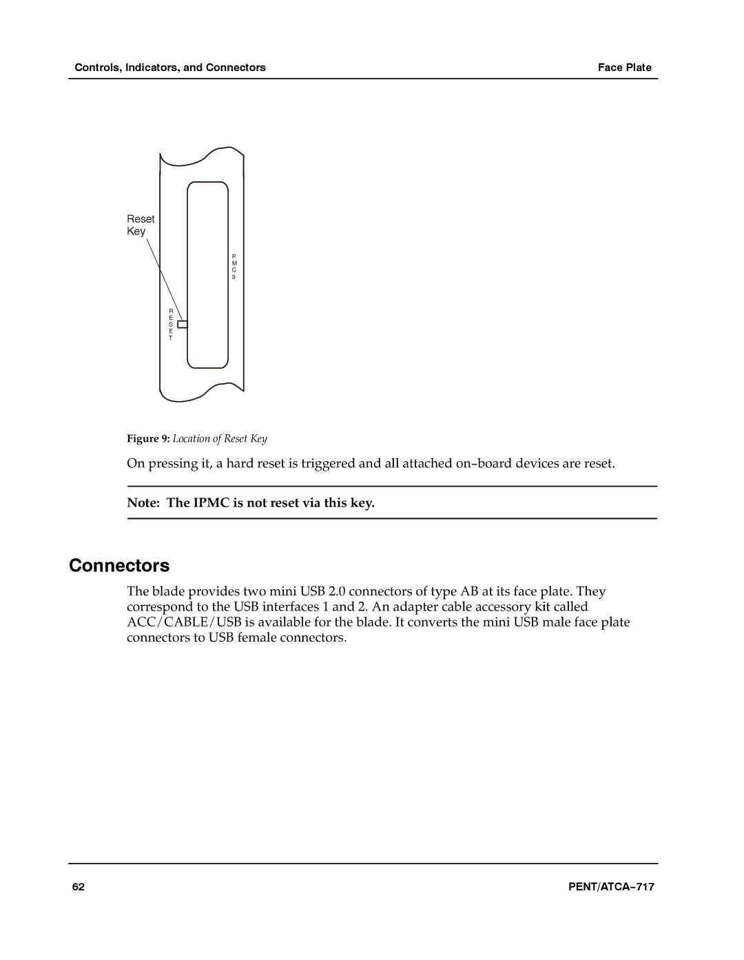 Motorola ATCA-717 manual Connectors, Location of Reset Key 