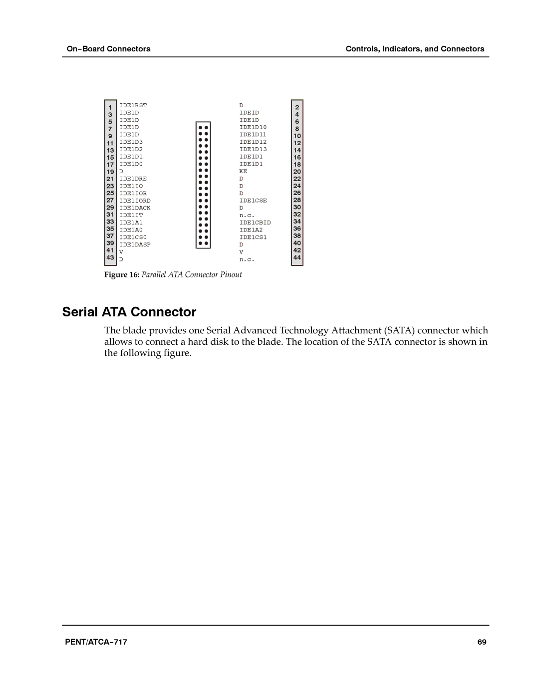 Motorola ATCA-717 manual Serial ATA Connector, Parallel ATA Connector Pinout 