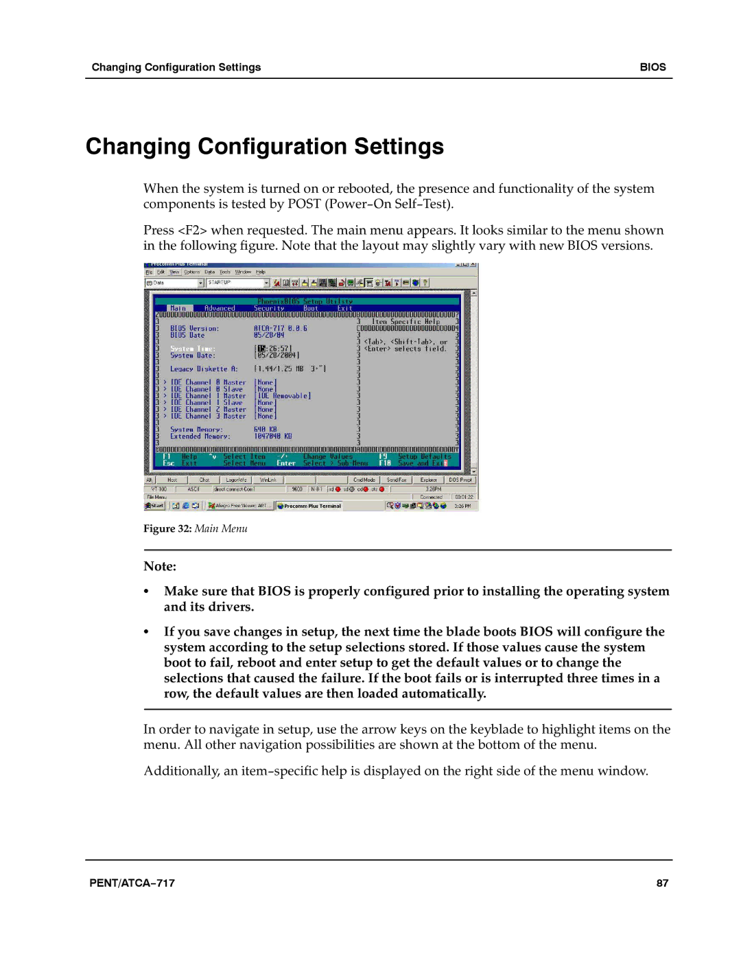 Motorola ATCA-717 manual Changing Configuration Settings, Main Menu 