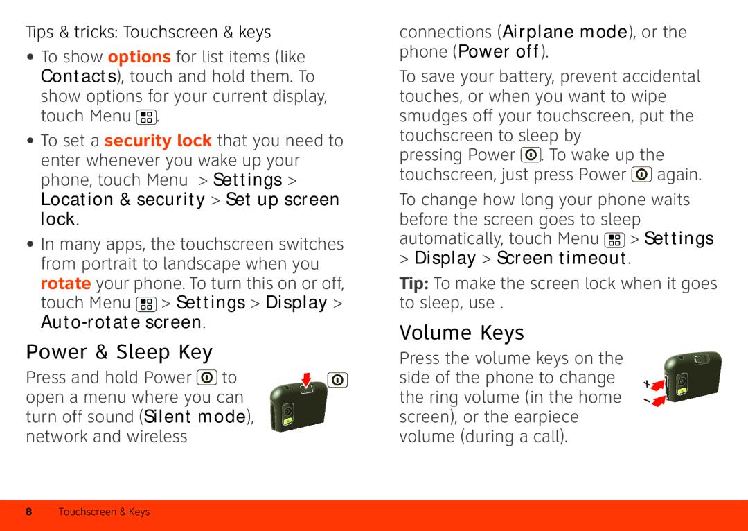 Motorola Atrix 4G manual Power & Sleep Key, Volume Keys, Location & security Set up screen lock, Display Screen timeout 