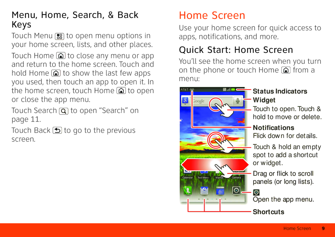 Motorola Atrix 4G manual Menu, Home, Search, & Back Keys, Quick Start Home Screen 