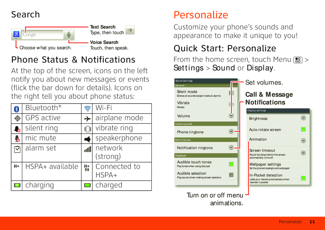 Motorola Atrix 4G manual Search, Phone Status & Notifications, Quick Start Personalize, Charging Charged 