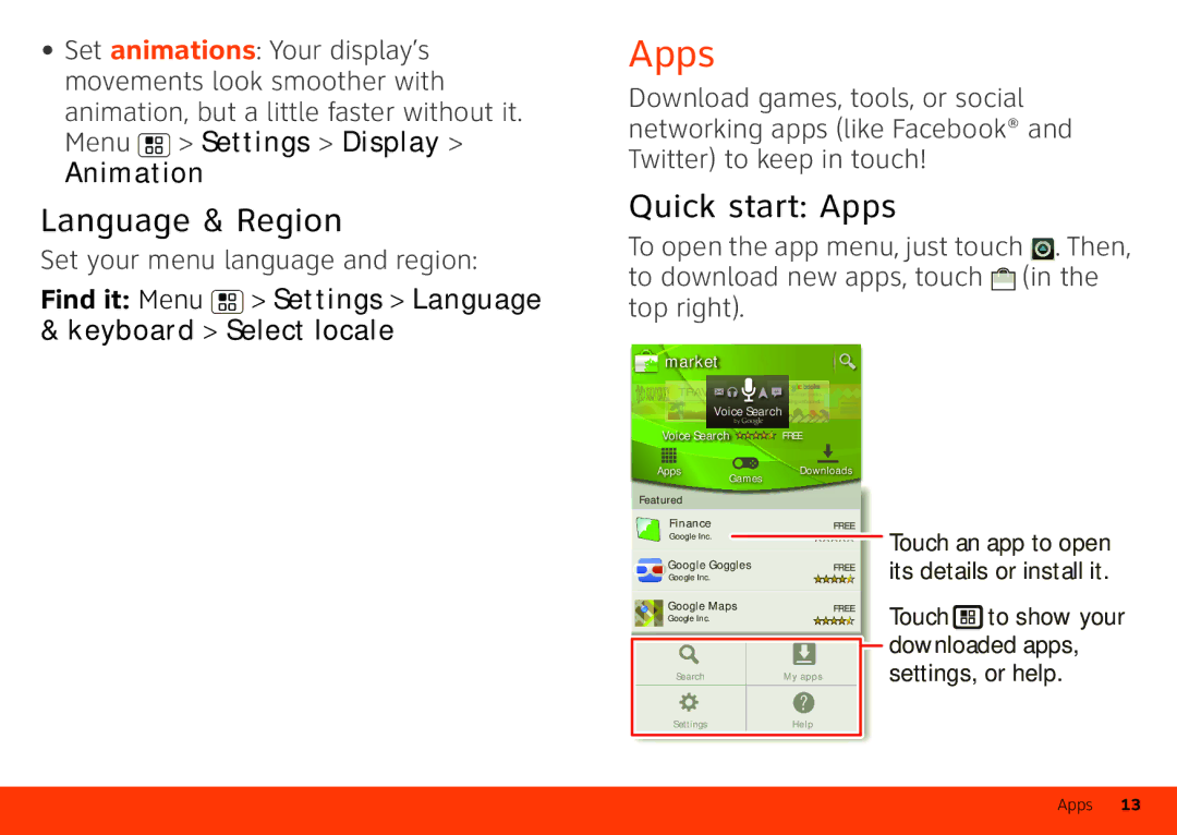 Motorola Atrix 4G manual Language & Region, Quick start Apps, Animation 