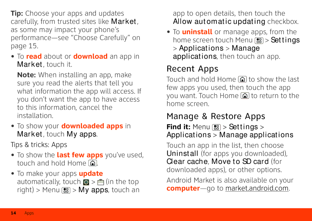 Motorola Atrix 4G manual Recent Apps, Manage & Restore Apps, Market, touch My apps 