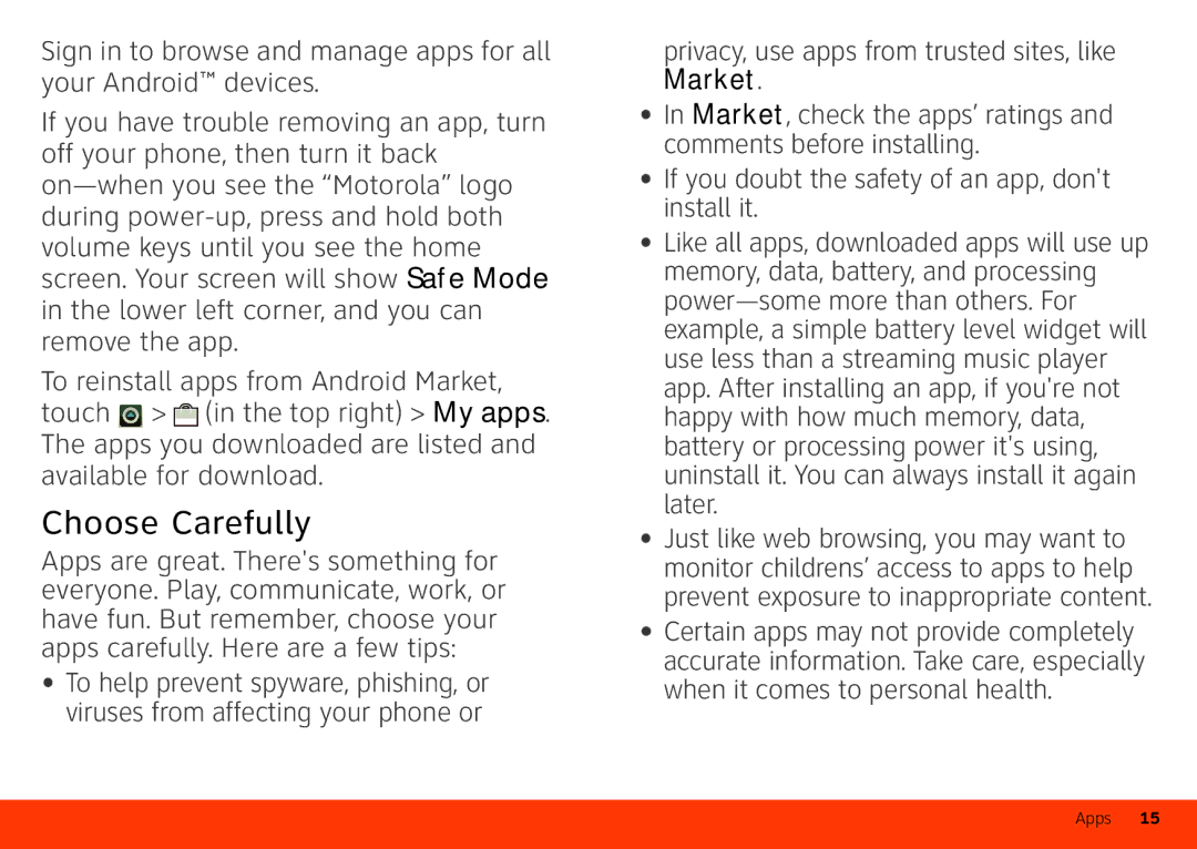 Motorola Atrix 4G manual Choose Carefully, Privacy, use apps from trusted sites, like 