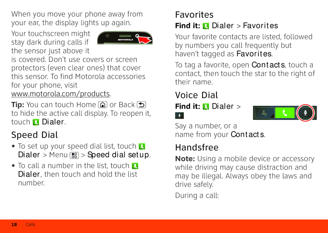 Motorola Atrix 4G manual Speed Dial, Favorites, Voice Dial, Handsfree 