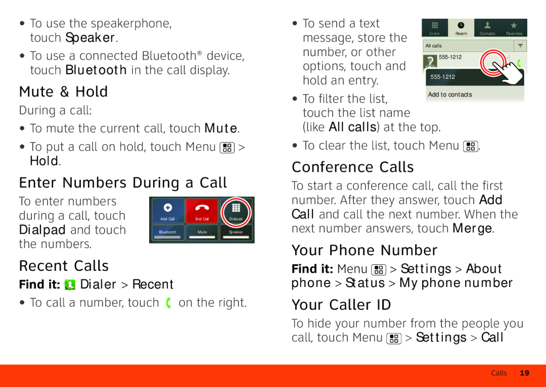 Motorola Atrix 4G manual Mute & Hold, Enter Numbers During a Call, Conference Calls, Your Phone Number Recent Calls 