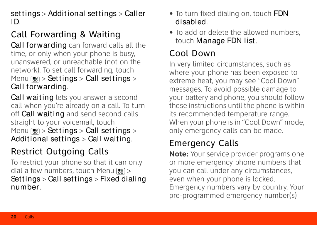 Motorola Atrix 4G manual Call Forwarding & Waiting, Restrict Outgoing Calls, Cool Down, Emergency Calls 