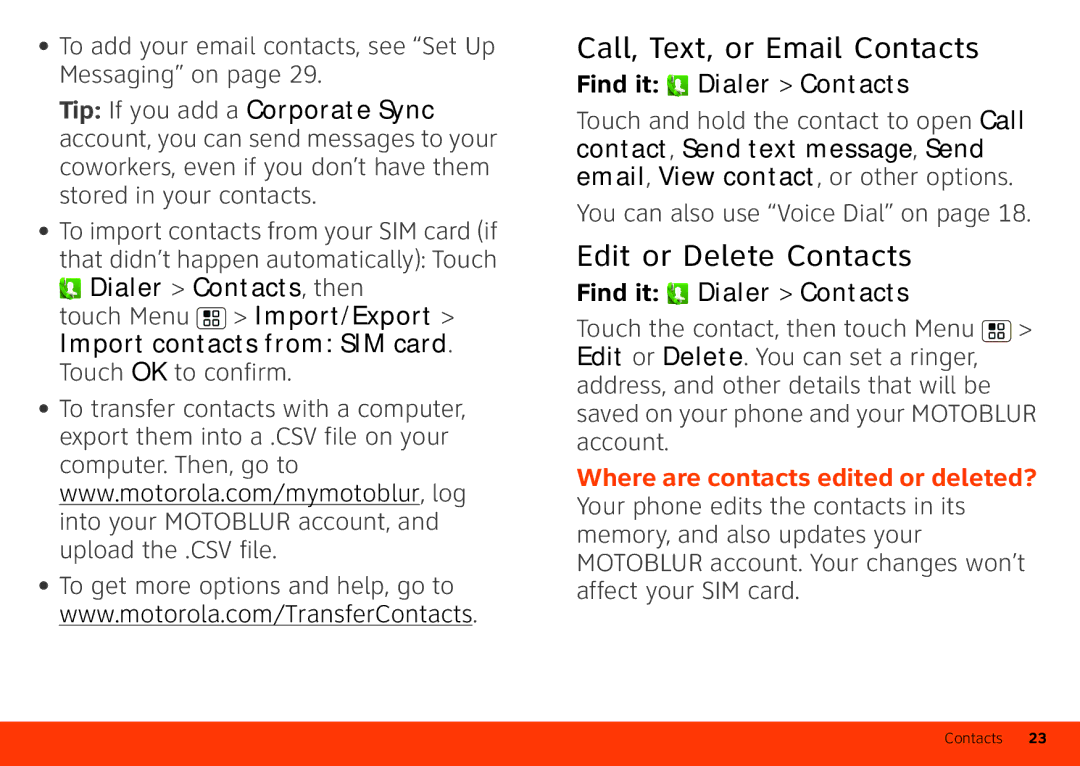 Motorola Atrix 4G manual Call, Text, or Email Contacts, Edit or Delete Contacts 