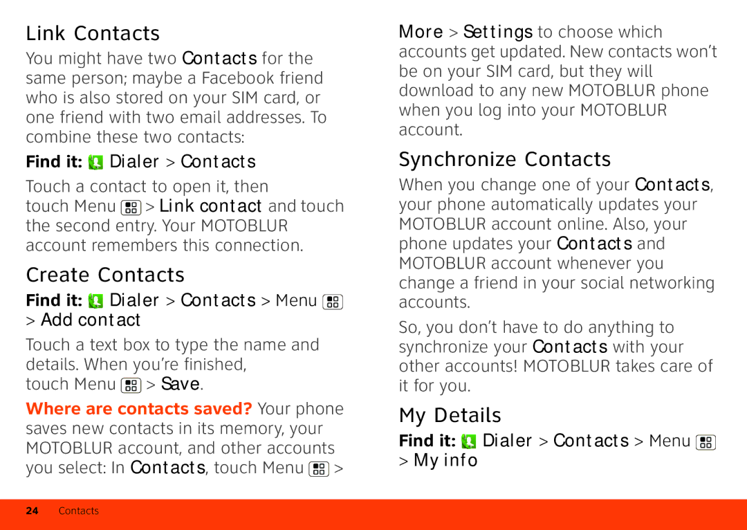 Motorola Atrix 4G manual Link Contacts, Create Contacts, Synchronize Contacts, My Details 