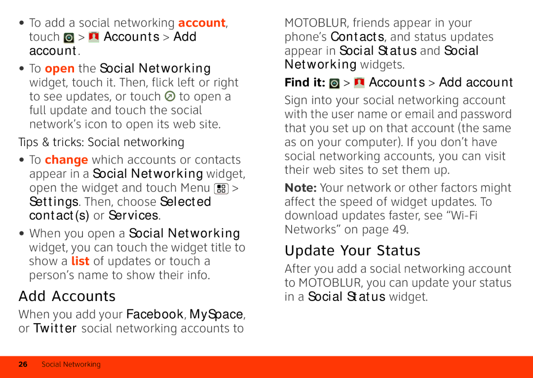 Motorola Atrix 4G manual Add Accounts, Update Your Status, Find it Accounts Add account 