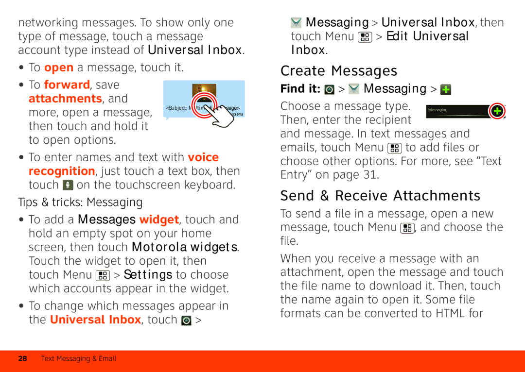 Motorola Atrix 4G manual Create Messages, Send & Receive Attachments, Find it Messaging 