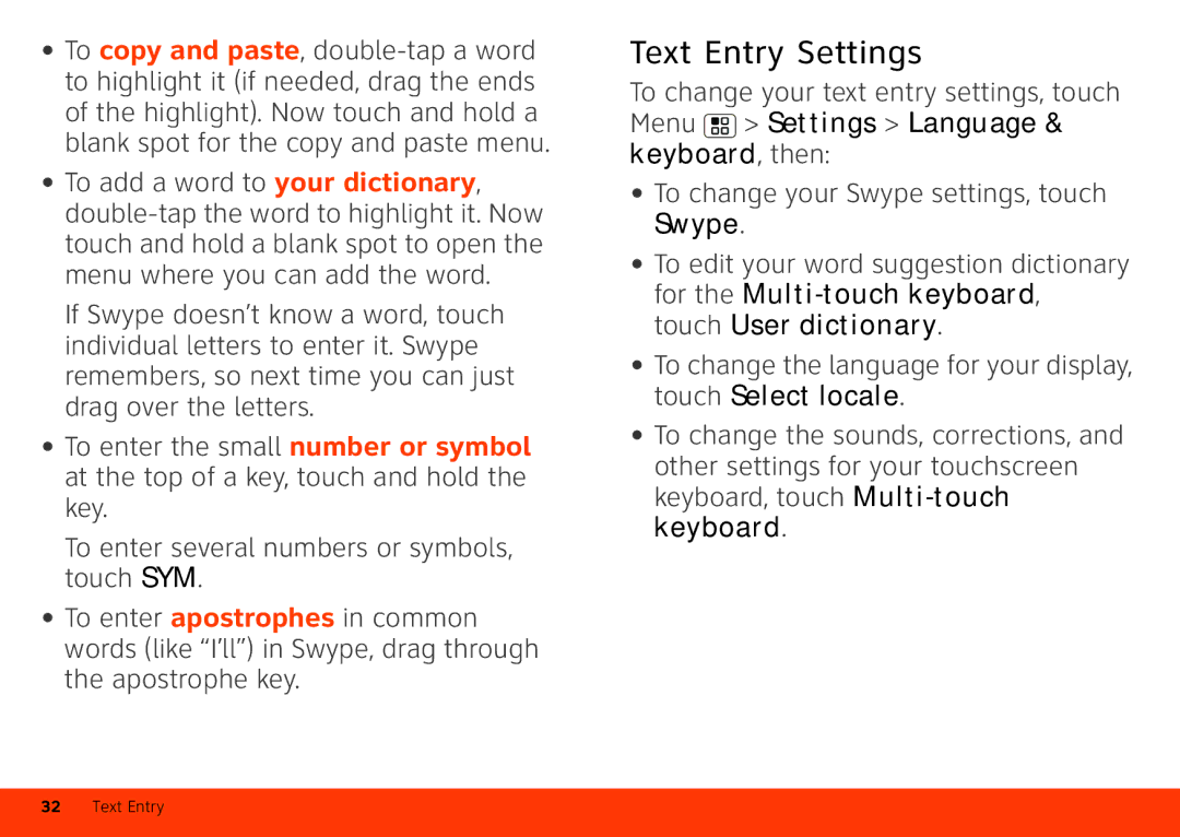 Motorola Atrix 4G manual Text Entry Settings, Swype 