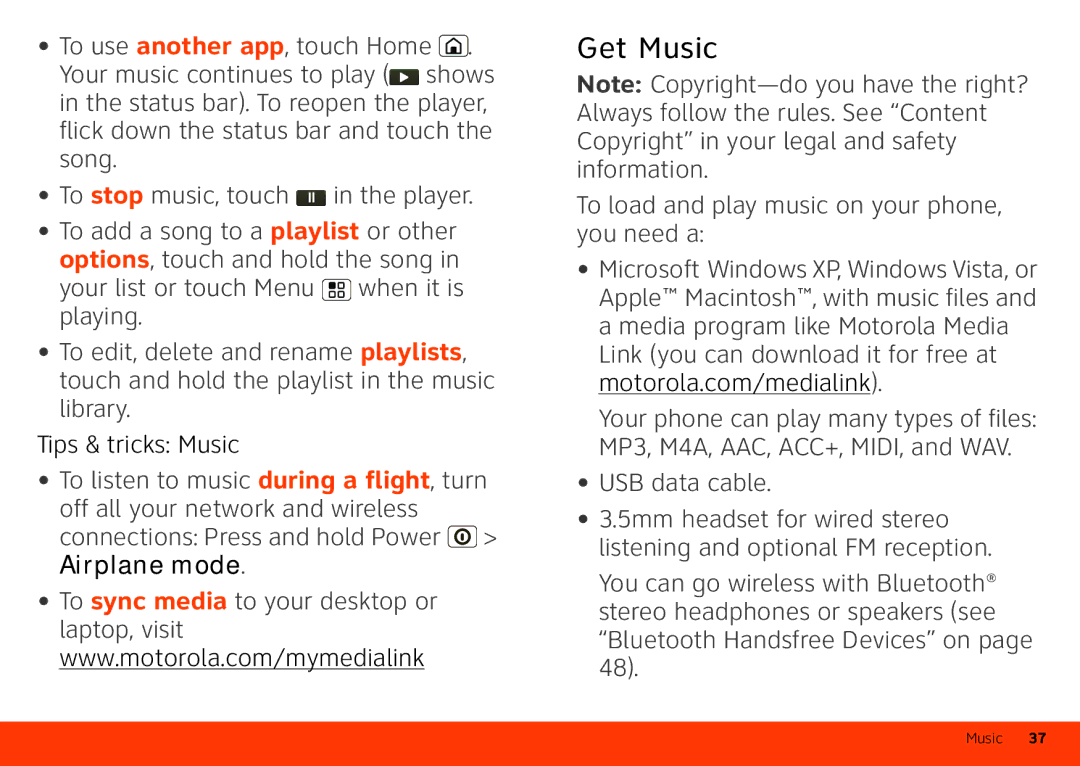Motorola Atrix 4G manual Get Music, Airplane mode, To load and play music on your phone, you need a 