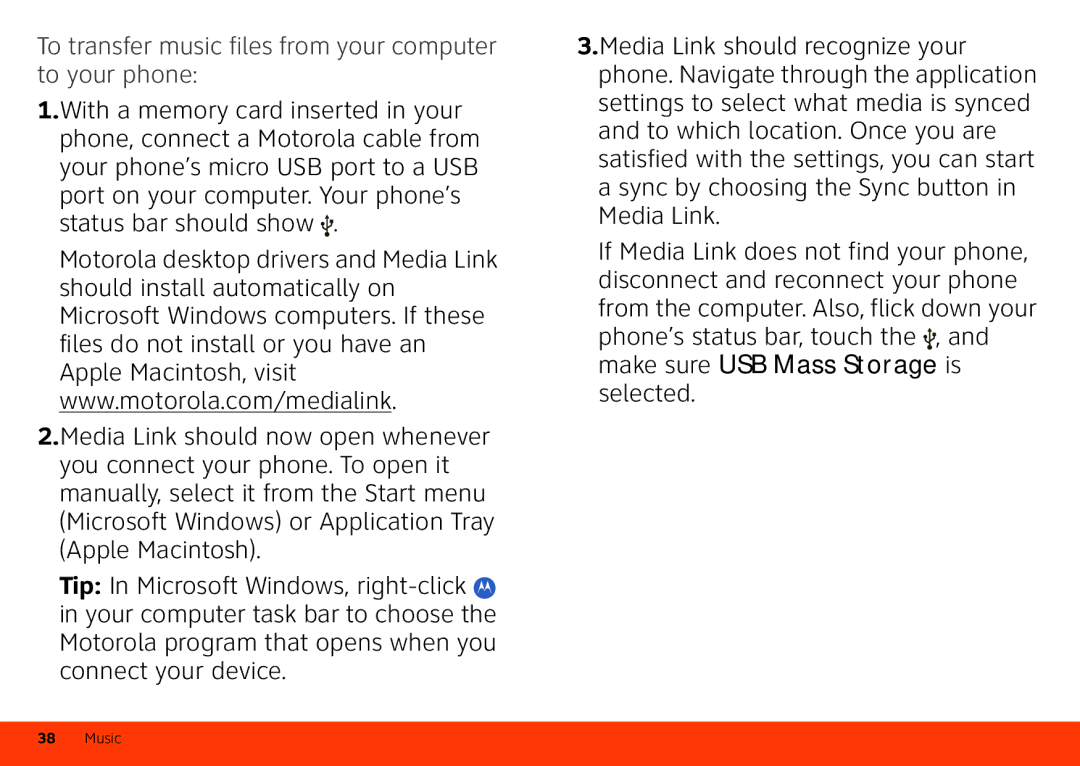 Motorola Atrix 4G manual To transfer music files from your computer to your phone 