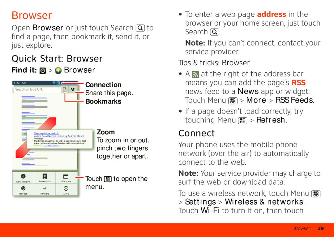 Motorola Atrix 4G manual Quick Start Browser, Connect 