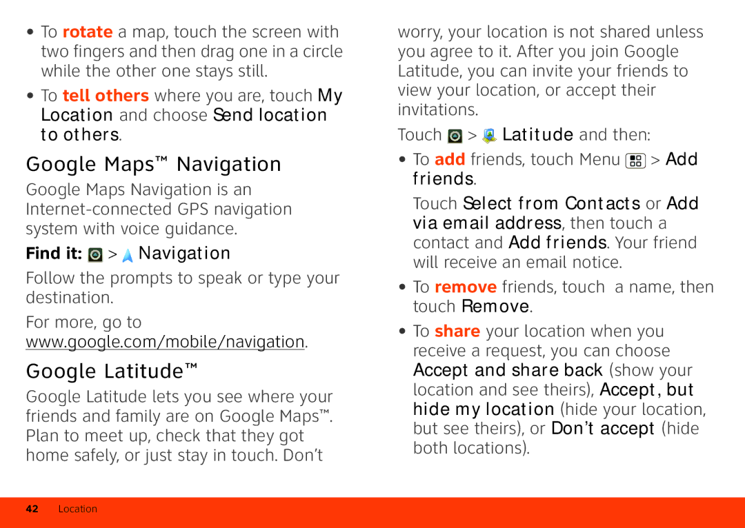 Motorola Atrix 4G manual Google Maps Navigation, Google Latitude, Find it Navigation 