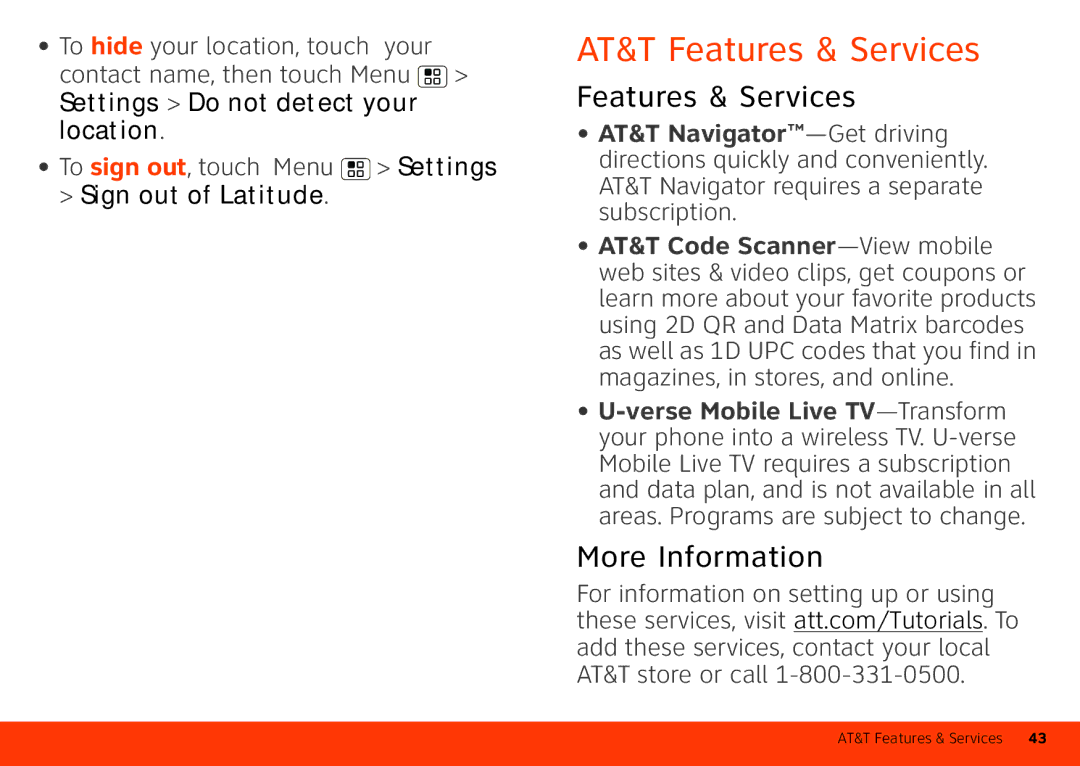 Motorola Atrix 4G AT&T Features & Services, More Information, Settings Do not detect your location, Sign out of Latitude 