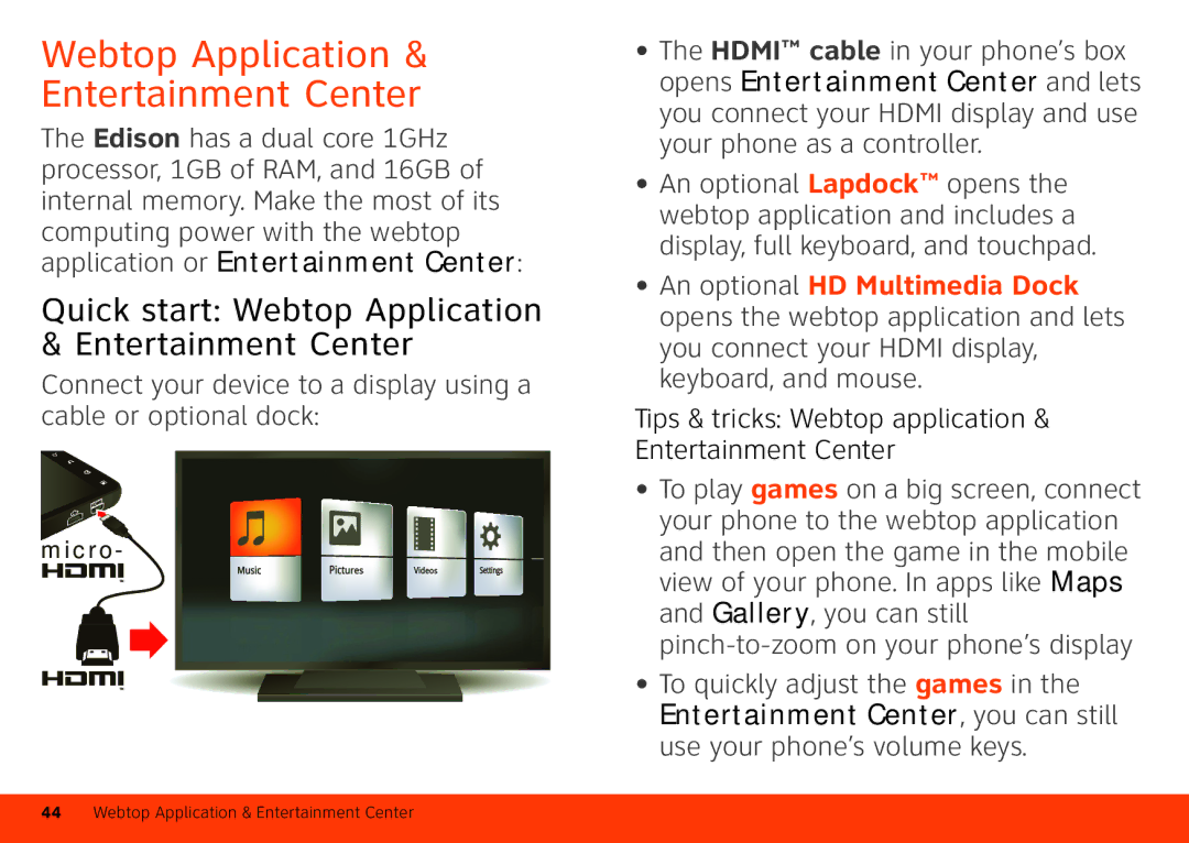 Motorola Atrix 4G manual Quick start Webtop Application & Entertainment Center 