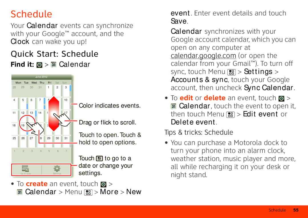 Motorola Atrix 4G manual Quick Start Schedule, Find it Calendar, Delete event, Calendar Menu More New 