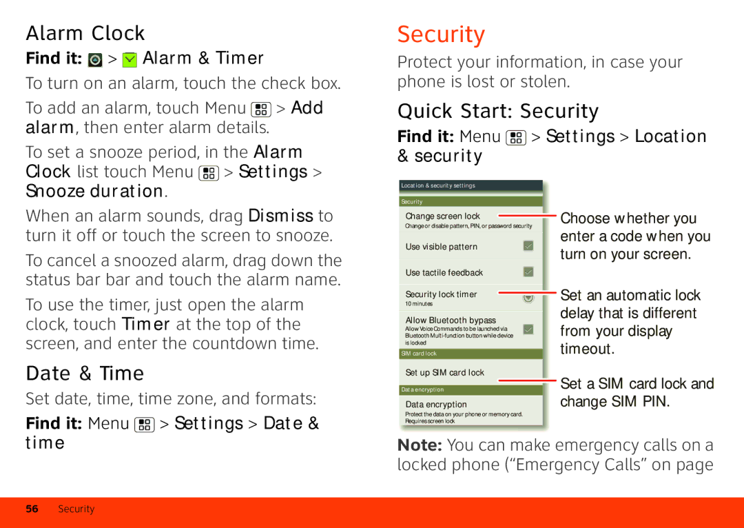 Motorola Atrix 4G manual Alarm Clock, Quick Start Security, Date & Time 