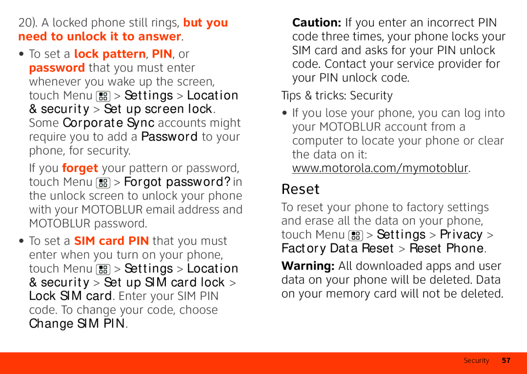 Motorola Atrix 4G manual Reset, Security Set up SIM card lock, Change SIM PIN 