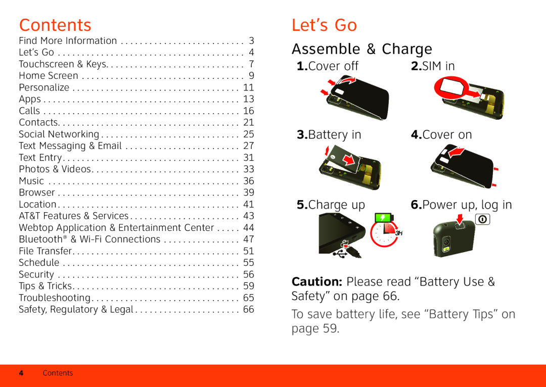 Motorola Atrix 4G manual Contents, Let’s Go 