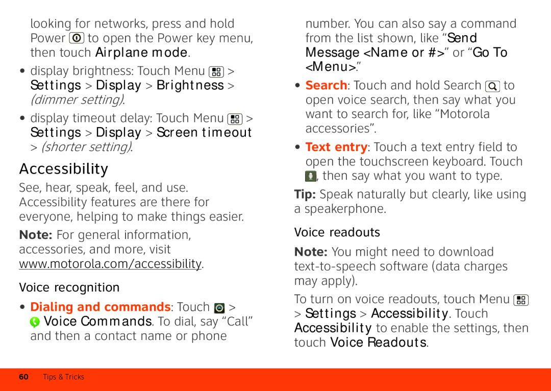 Motorola Atrix 4G manual Accessibility, Settings Display Brightness dimmer setting, Settings Display Screen timeout 