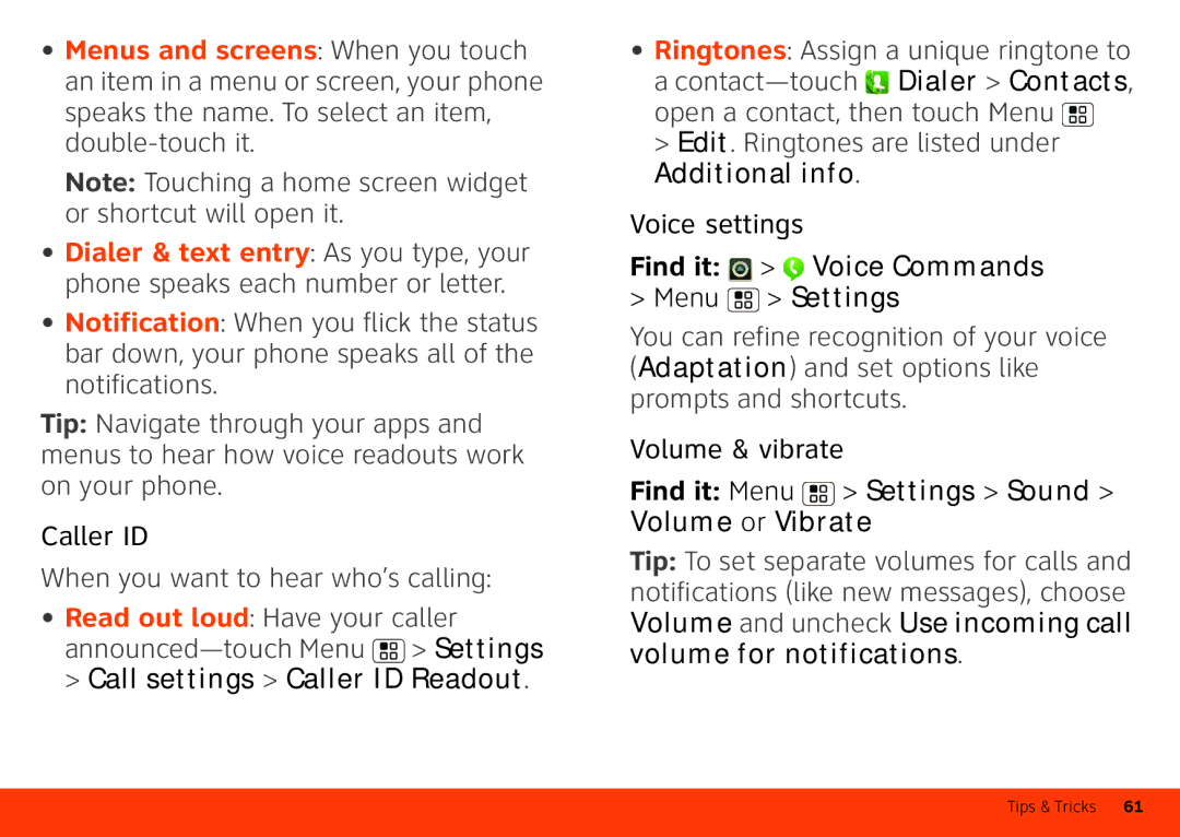 Motorola Atrix 4G manual Call settings Caller ID Readout, Additional info, Find it Voice Commands Menu Settings 