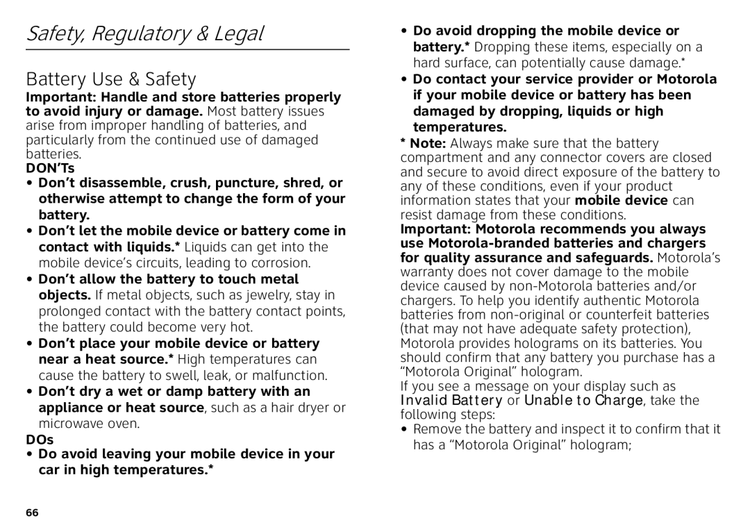 Motorola Atrix 4G manual Safety, Regulatory & Legal, Battery Use & Safety 