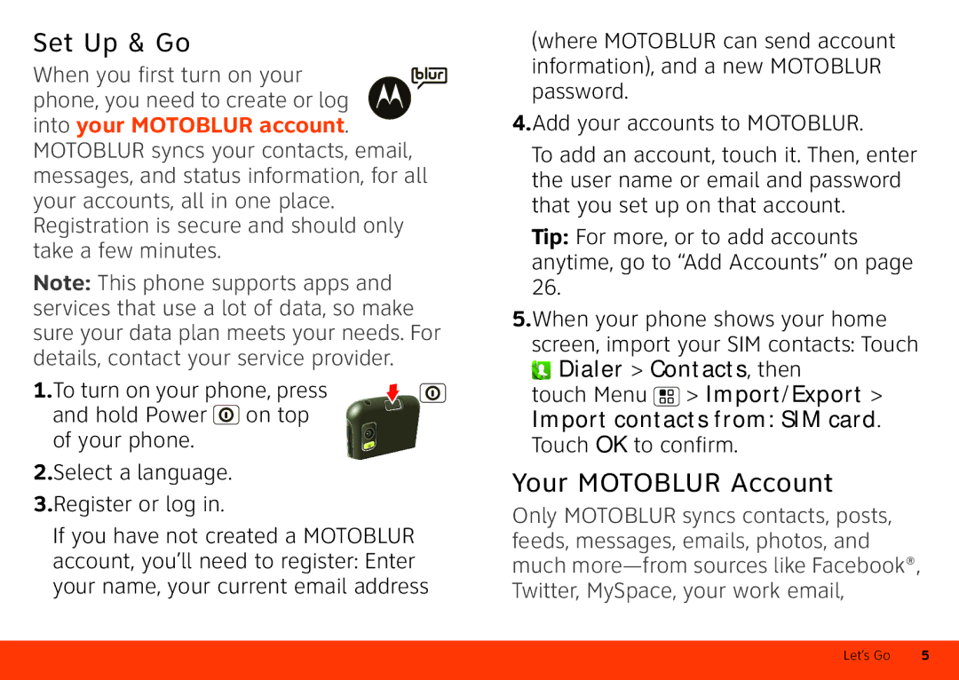 Motorola Atrix 4G manual Set Up & Go, Your Motoblur Account, Dialer Contacts, then 