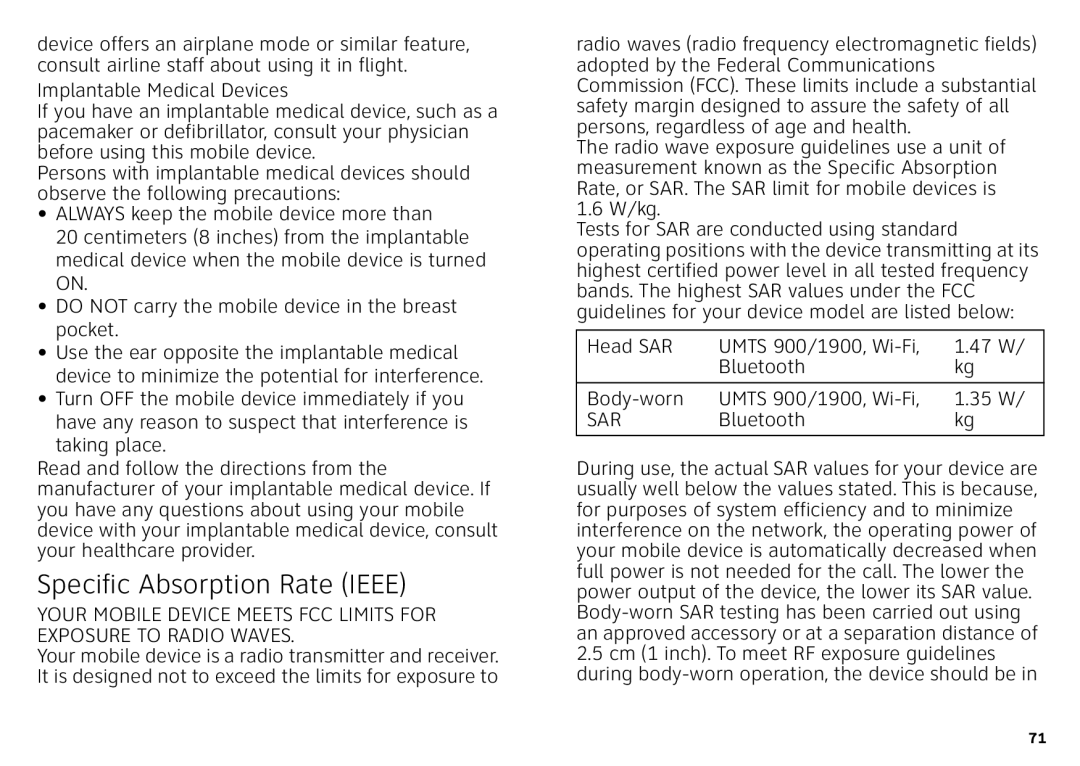 Motorola Atrix 4G manual Specific Absorption Rate Ieee, Sar 