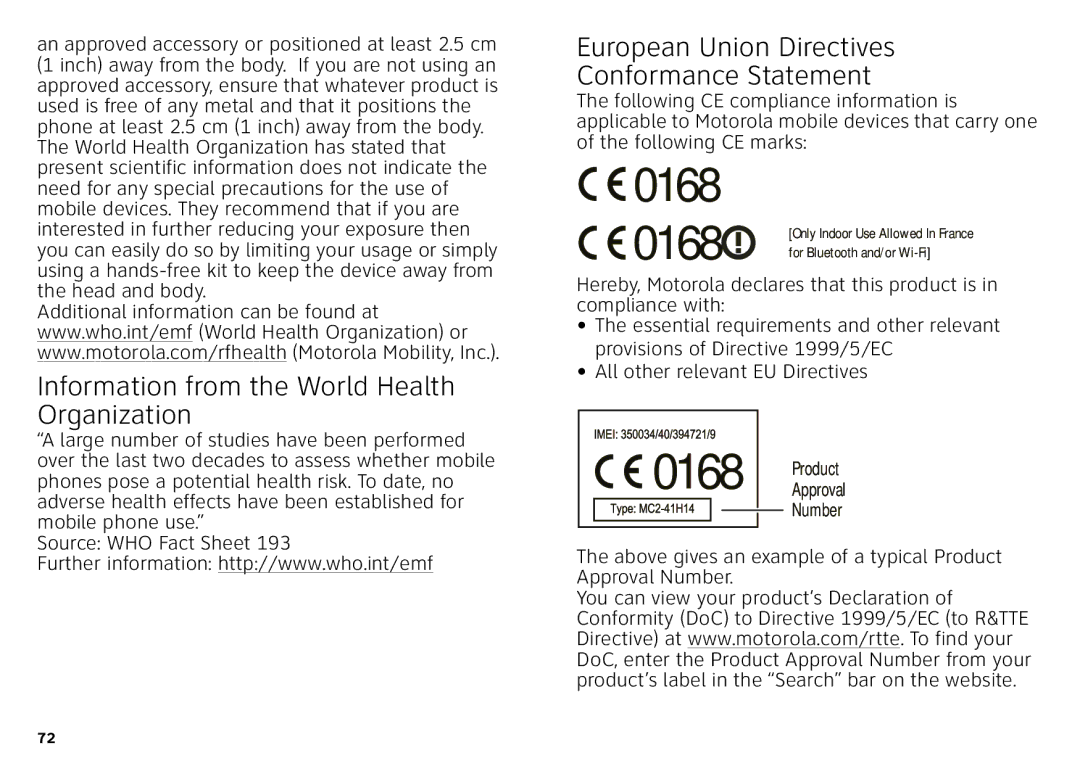 Motorola Atrix 4G manual Information from the World Health Organization, European Union Directives Conformance Statement 