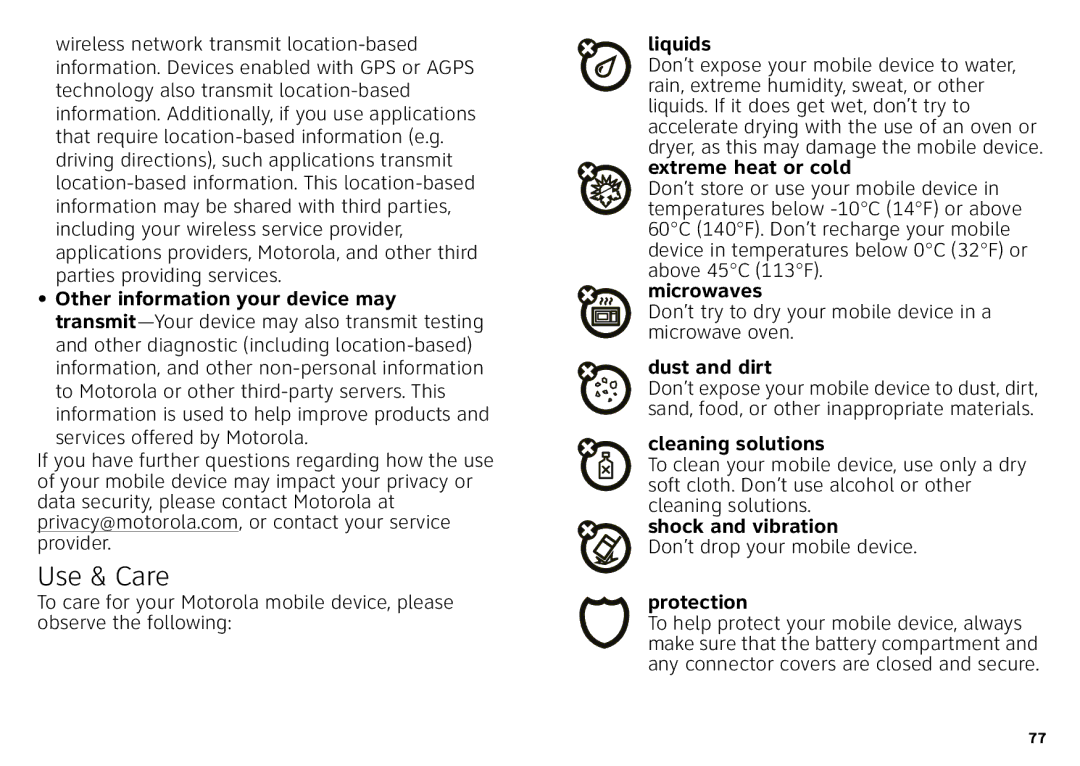 Motorola Atrix 4G manual Use & Care, Liquids 