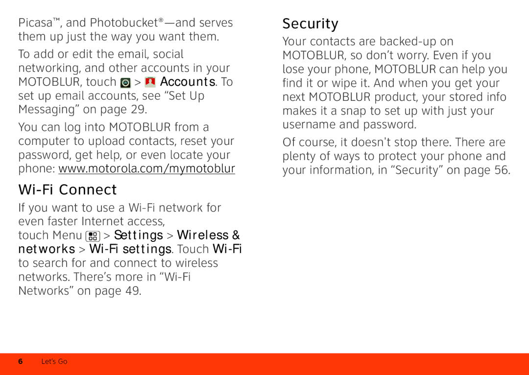 Motorola Atrix 4G manual Wi-Fi Connect, Security, To add or edit the email, social 