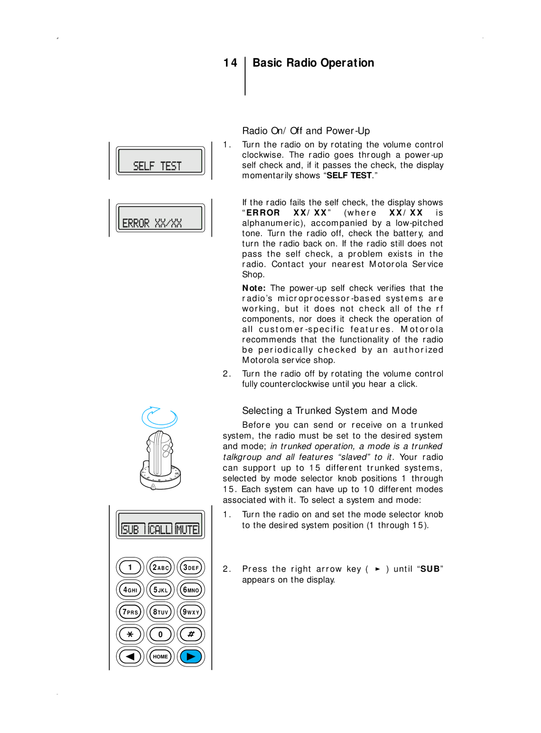 Motorola B5, B7 operating instructions Basic Radio Operation, Radio On/Off and Power-Up, Selecting a Trunked System and Mode 