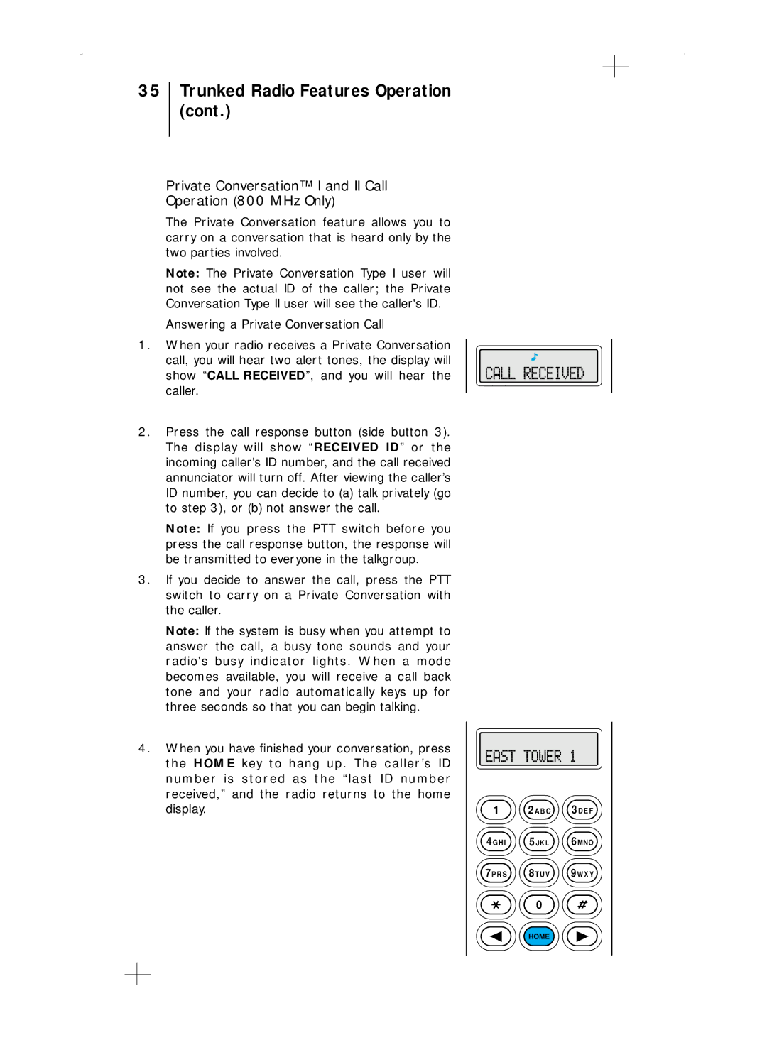 Motorola B7, B5 operating instructions Private Conversation I and II Call Operation 800 MHz Only 