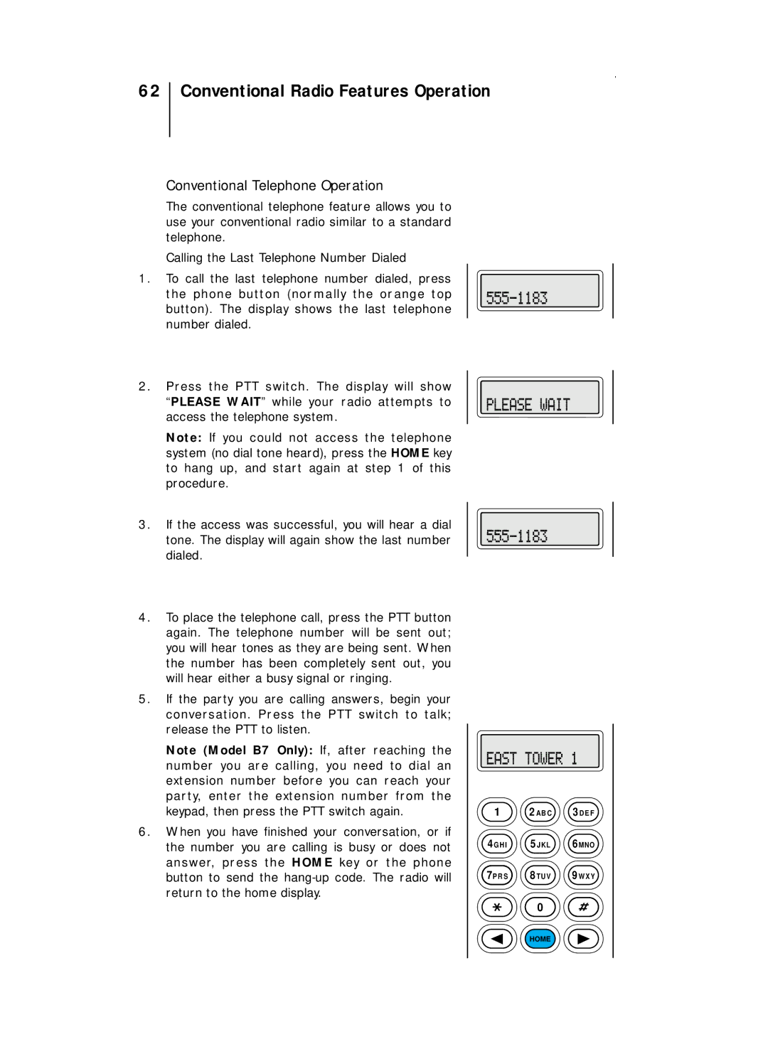 Motorola B5, B7 operating instructions Conventional Radio Features Operation, Conventional Telephone Operation 