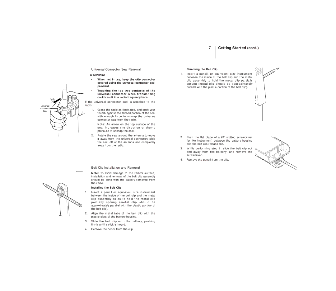 Motorola B5, B7 operating instructions Universal Connector Seal Removal, Belt Clip Installation and Removal 