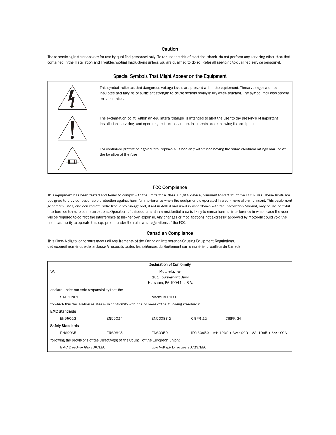 Motorola BLE100 operation manual Special Symbols That Might Appear on the Equipment 