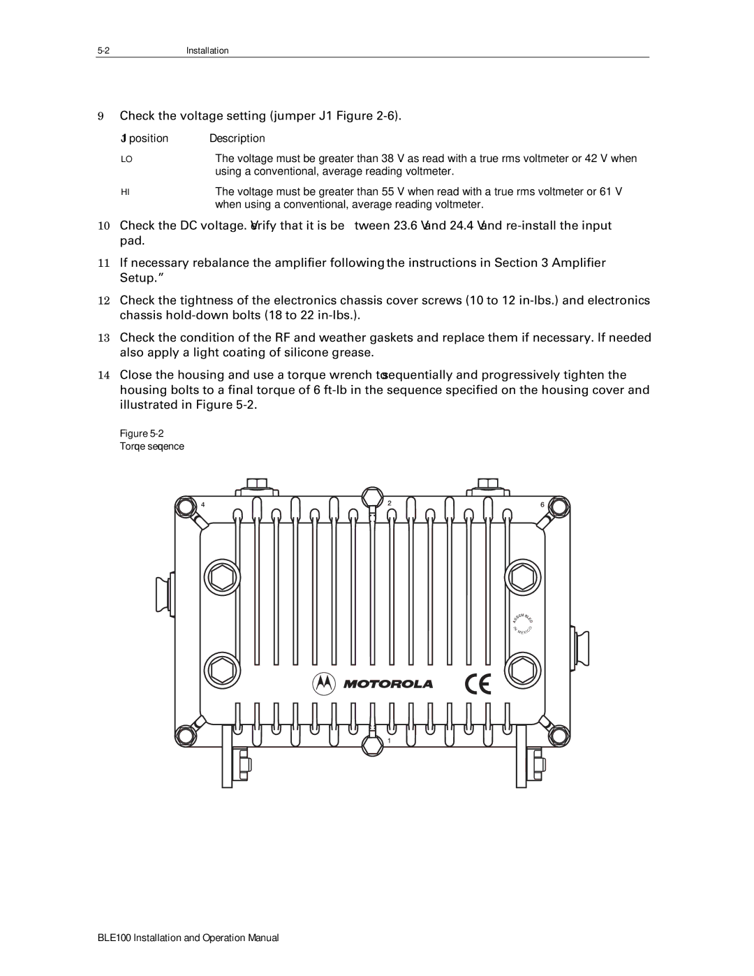 Motorola BLE100 operation manual J1 position Description, Torque sequence 