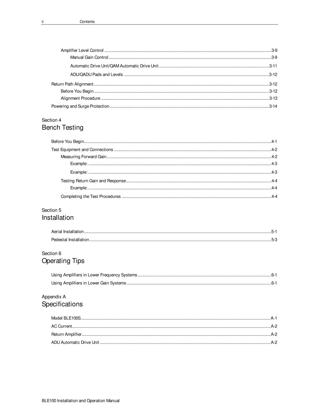 Motorola BLE100 operation manual Bench Testing, Installation, Operating Tips, Specifications, Appendix a 