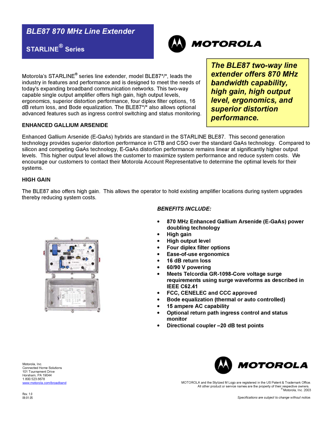 Motorola BLE87 specifications STARLINE Series, Enhanced Gallium Arsenide, High Gain 