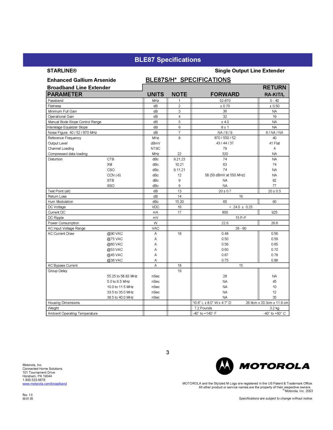 Motorola specifications BLE87 Specifications, Starline, Units Forward Return 