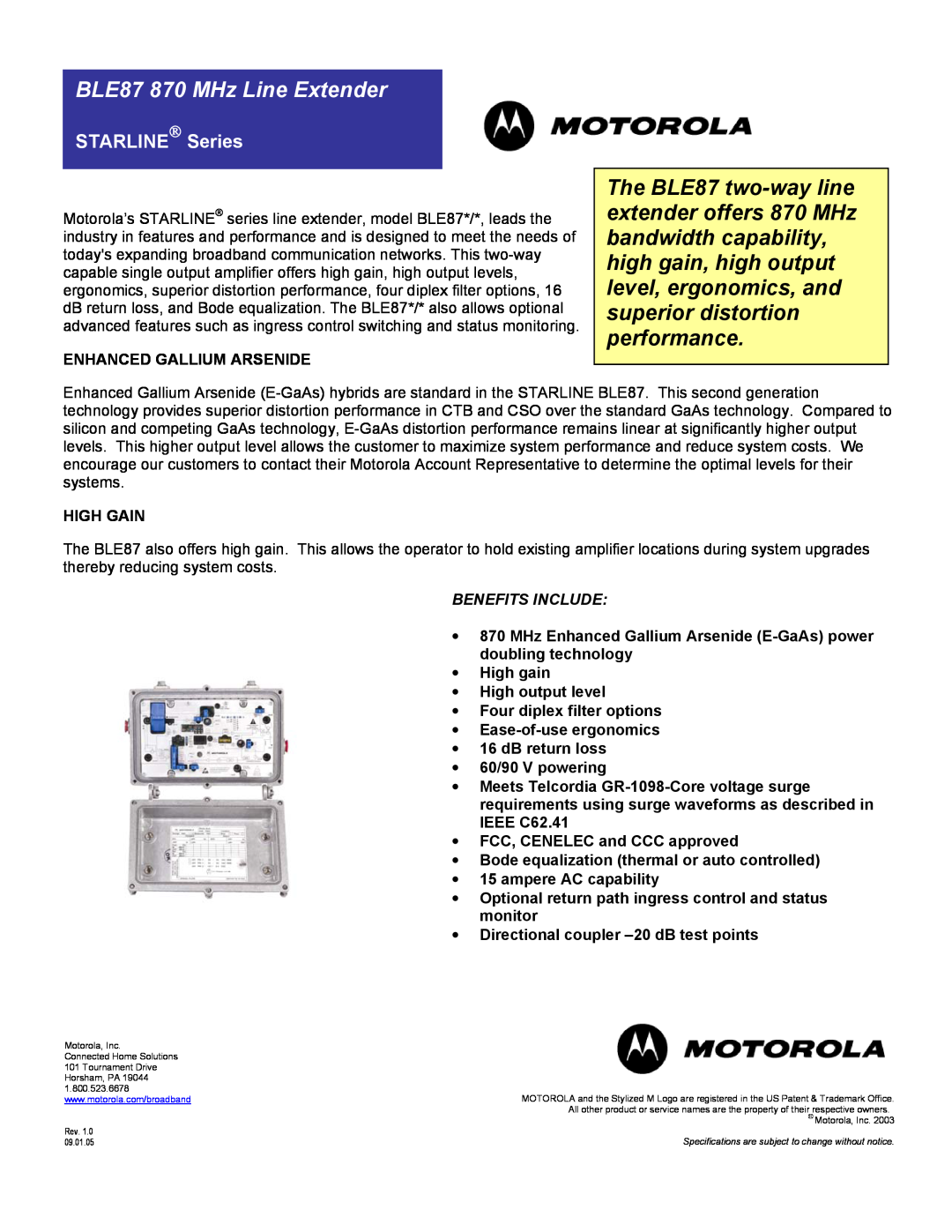 Motorola BLE87 specifications STARLINE Series, Enhanced Gallium Arsenide, High Gain, FCC, CENELEC and CCC approved 