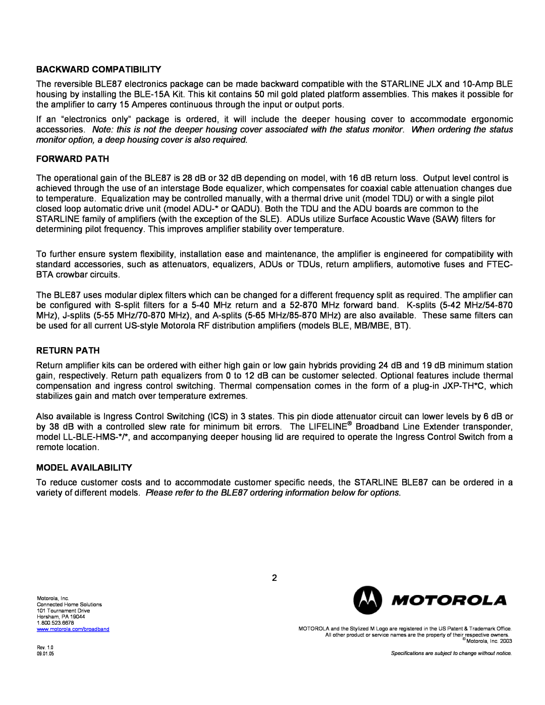 Motorola BLE87 specifications Backward Compatibility, Forward Path, Return Path, Model Availability 