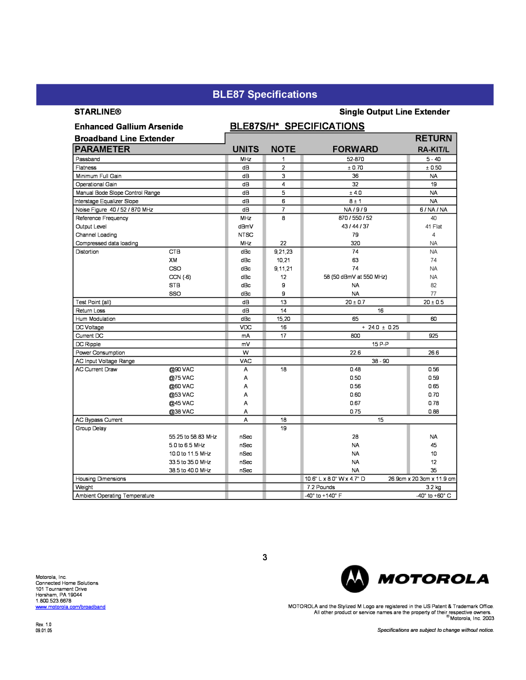 Motorola BLE87 Specifications, BLE87S/H* SPECIFICATIONS, Parameter, Starline, Single Output Line Extender, Units 