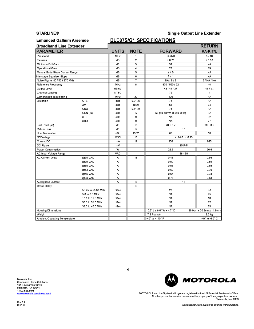 Motorola BLE87S/G* SPECIFICATIONS, Parameter, Starline, Single Output Line Extender, Enhanced Gallium Arsenide, Units 