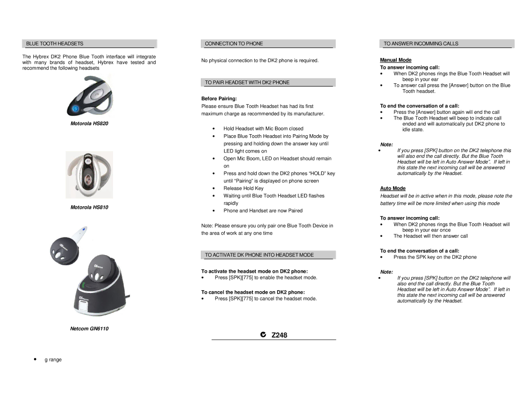 Motorola Blue Tooth Phone Before Pairing, To activate the headset mode on DK2 phone, Manual Mode To answer incoming call 