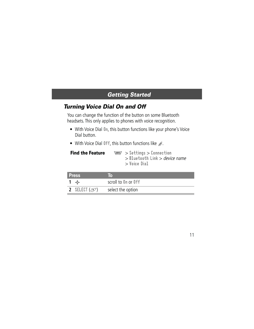 Motorola Bluetooth Module manual Turning Voice Dial On and Off 